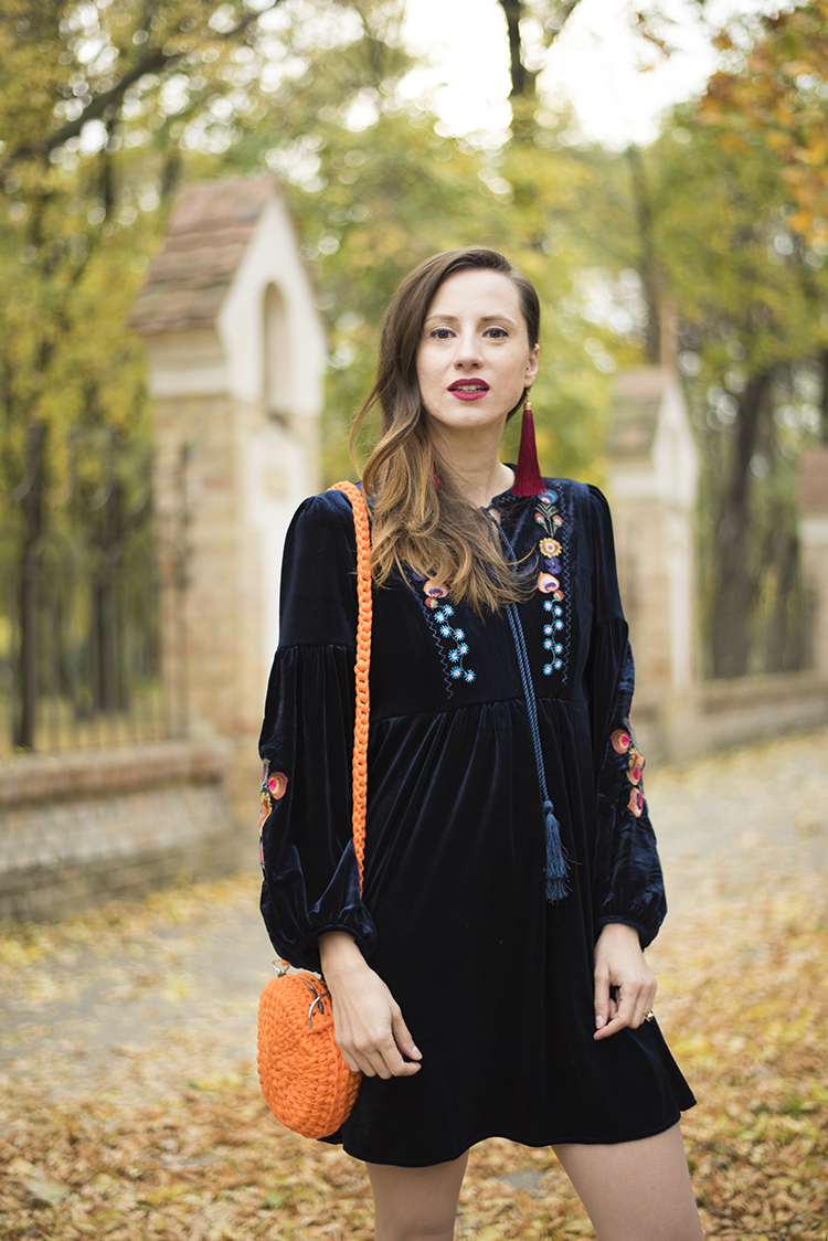 Boho Embroidered Velvet Dress in Navy Crochet Orange Bag Boho Embroidered Velvet Dress in Navy Crochet Orange Bag