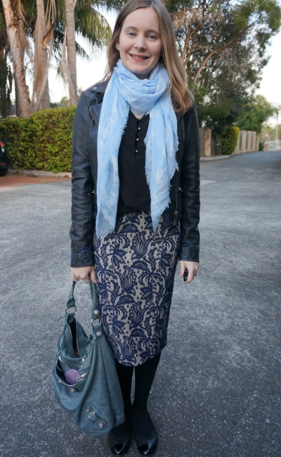 Blue and Black Office Outfit Winter lace pencil skirt skull scarf Balenciaga day bag
