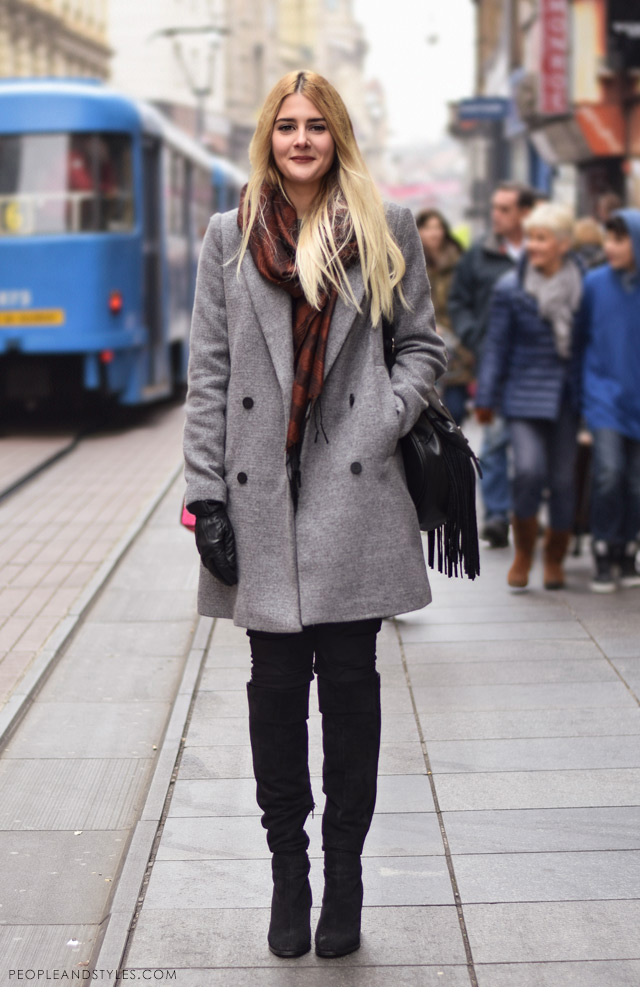 What to wear when temperatures dip close to sub-zero - few stylish street fashion inspiration to inspire your daily outfits. Nikolina Vidić, hoe to style grey coat and over the knee boots