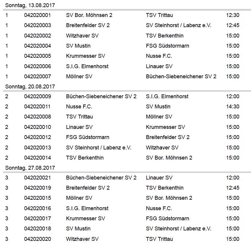 . Vorläufiger Spielplan der Kreisklasse A Süd