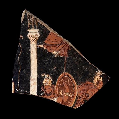 Αναχώρηση Αμφιάραου. Απουλικός καλυκωτός κρατήρας του Ζωγράφου του Δαρείου, περίπου 330 π.Χ. Δίπλα σε έναν ιωνικό κίονα απεικονίζεται ο Αμφιάραος κρατώντας δόρυ και ασπίδα. Η μορφή δεξιά με τον φρυγικό σκούφο πρέπει να είναι ο Βάτων, ο ηνίοχός του. Βοστόνη, Μουσείο Καλών Τεχνών, 61.113