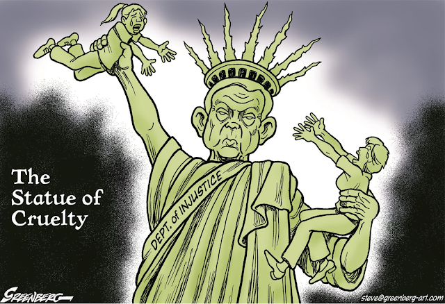 Title:  The Statue of Cruelty.  Image:  Attorney-General Jeff Sessions as the Statue of Liberty, holding a child in one hand and a mother in the other, keeping them apart.