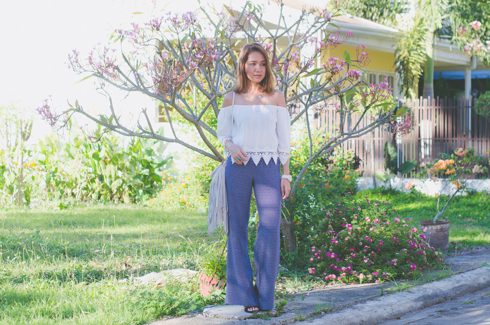 Cebu Fashion Blogger, Blog, Outfit, Style, Boho Chic, Bohemian outfit, Philippine blogger, Summer outfits in the Philippines, Cebu Blogger, Off shoulder top, how to wear palazzo pants, fringe bag, H&M fringe bag