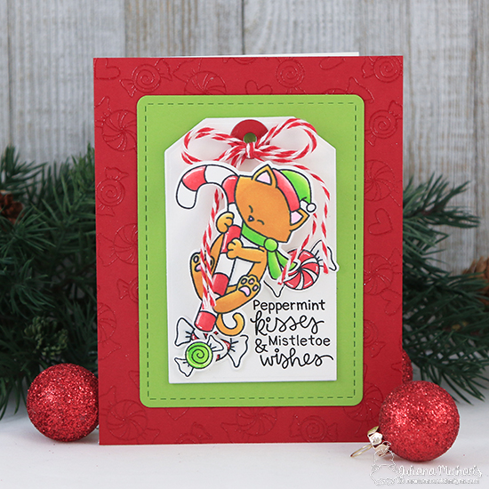Holiday Kitty Tag card by Juliana Michaels | Newton's Candy Cane Stamp Set, Fancy Edges Tag and Frames & Flags Die Sets by Newton's Nook Designs #newtonsnook #handmade