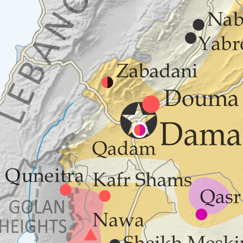 Map of fighting and territorial control in Syria's Civil War (Free Syrian Army rebels, Kurdish YPG, Syrian Democratic Forces (SDF), Al-Nusra Front, Islamic State (ISIS/ISIL), and others), updated for February 2016. Now includes terrain and major roads (highways). Highlights recent locations of conflict and territorial control changes, such as Menagh airbase, northern Aleppo, Salma, Rabia, Nubl, Baghaliya, Tishrin Dam, and more.