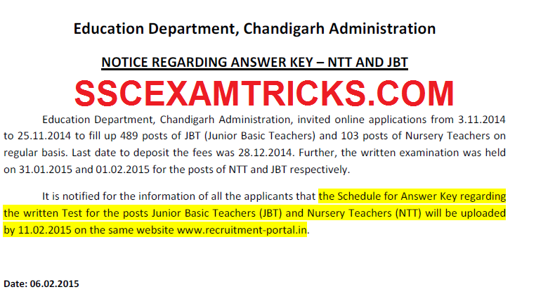 Chandigarh JBT NTT 2015 Answer Keys