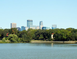 View of downtown Minneapolis from the Chain of Lakes Lake Calhoun