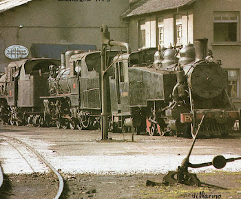 Varias locomotoras de vapor en el deposito.