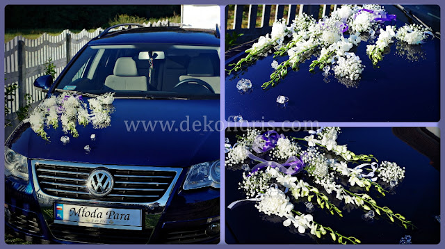 Ślubna dekoracja samochodu białe storczyki i gipsówka