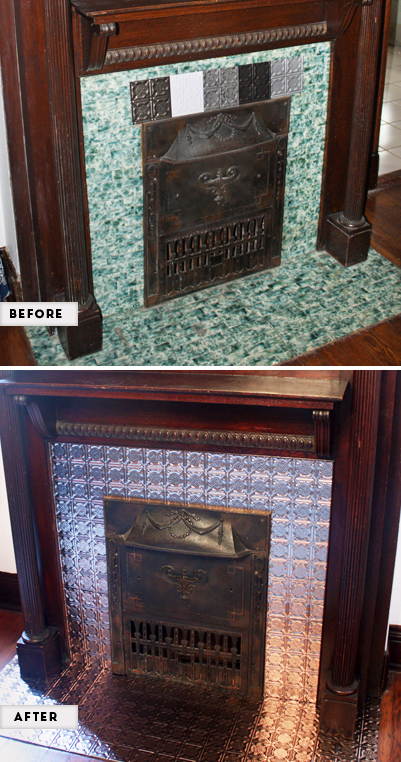 Faux Tin Tile Fireplace Makeover, Can You Tile Over Metal Fireplace Surround