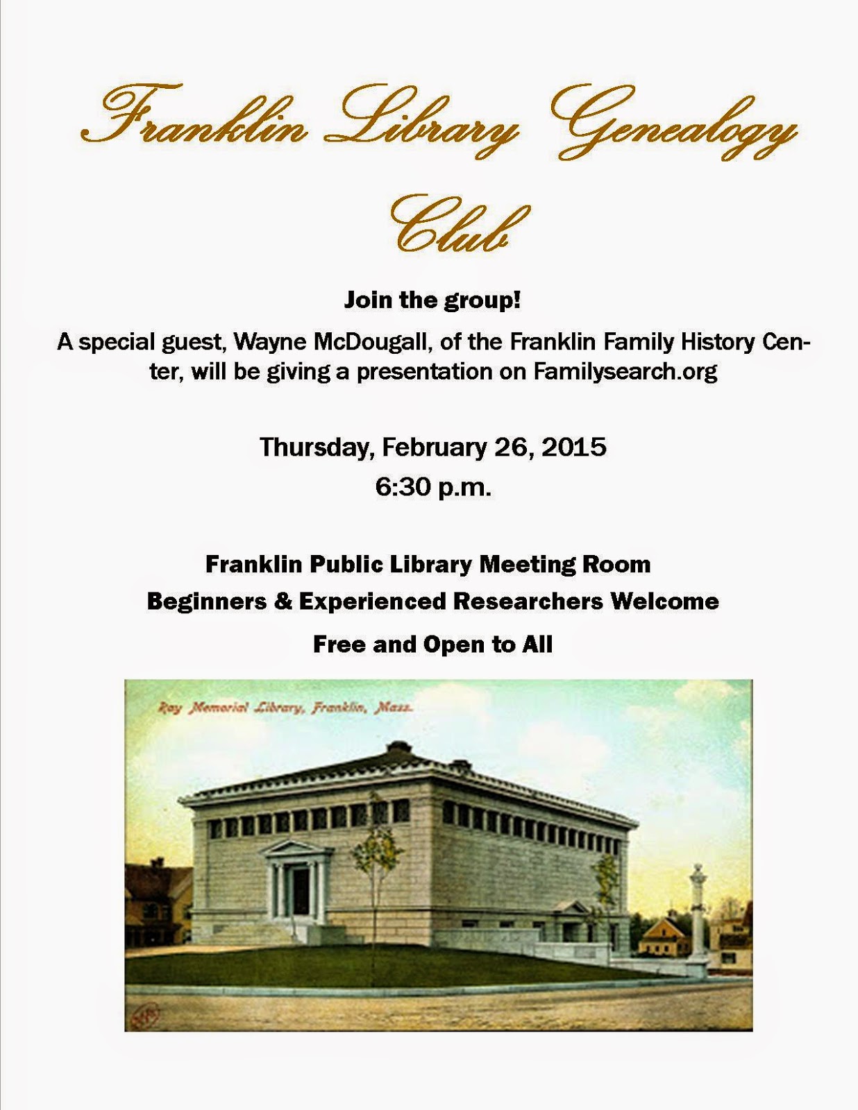 Geneology Club meeting Thursday, Feb 26th