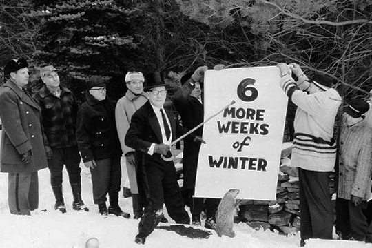 Sam Light, expresidente del Club de la Marmota de Punxsutawney, posa con un peluche de Phil en 1961 - Cine de Escritor