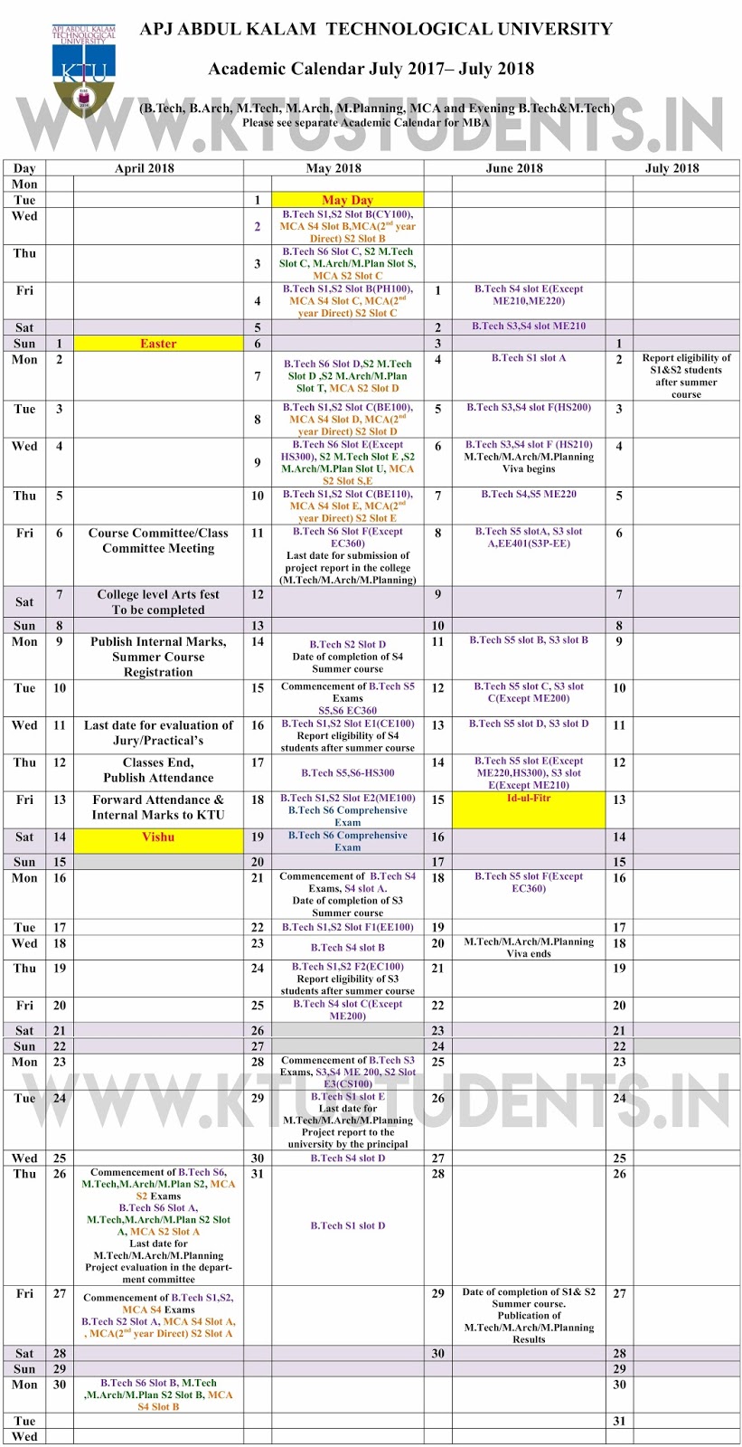 KTU Revised Academic Calendar 20172018 KTU Students