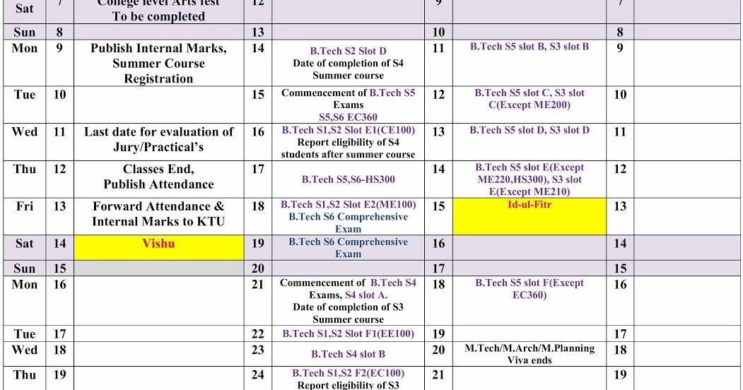 KTU Revised Academic Calendar 20172018 KTU Students Engineering