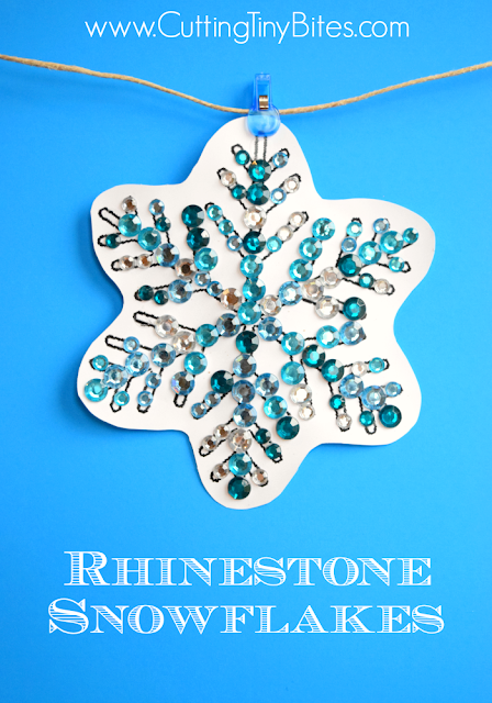 Winter snowflake craft for fine motor development in preschoolers or elementary children.  Rhinestone snowflakes in pretty winter colors are shiny and sparkly!