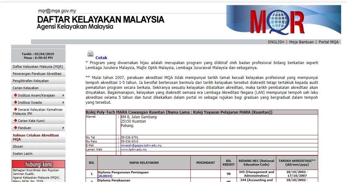 Kolej Poly Tech Mara Cara Semak Akreditasi Kptm Kuantan Di Mqa