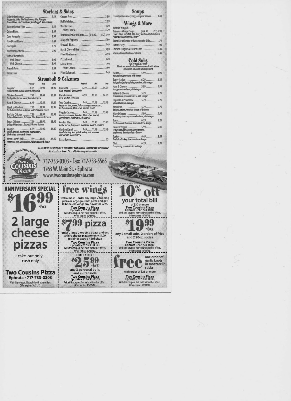 Lancaster/Reading PA Menus Menu Two Cousins Ephrata, PA