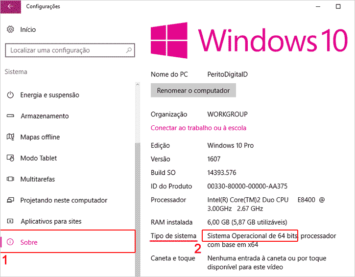 Opção sobre para saber se o Windows 10 é de 32 ou 64 bits