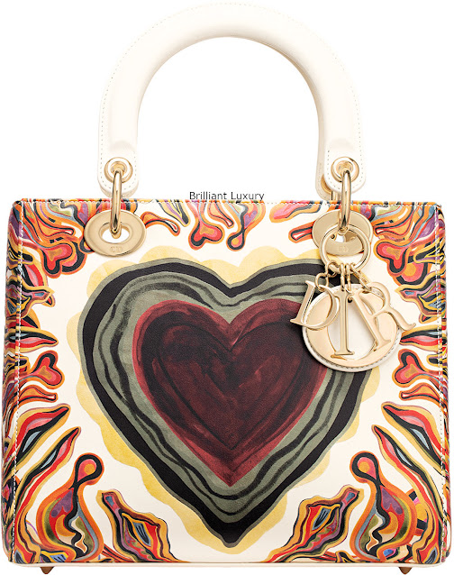 ♦Lady Dior bag, off-white calfskin printed with a textured Dioramour heart, light gold-tone metal jewellery