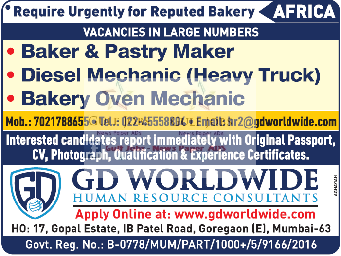 Large Job Vacancies for reputed Bakery in Africa Gulf Jobs for Malayalees