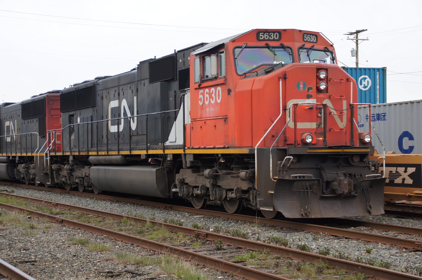 Prince Rupert Rail Images CN 5680 with 5630 on the waterfront