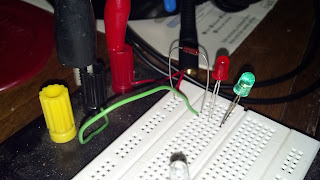 Anderson PowerPole polarity checker circuit being tested on a solderless breadboard prior to assembly.