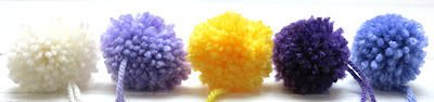 ByHaafner, pompons, colours of pansies, white, yellow, shades of purple
