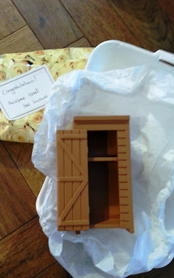 An unwrapped gift containing a dolls' house miniature shed.