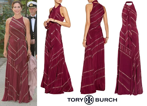 Crown Princess Mary wore Tory Burch Studded Silk Chiffon Maxi Dress in Plum