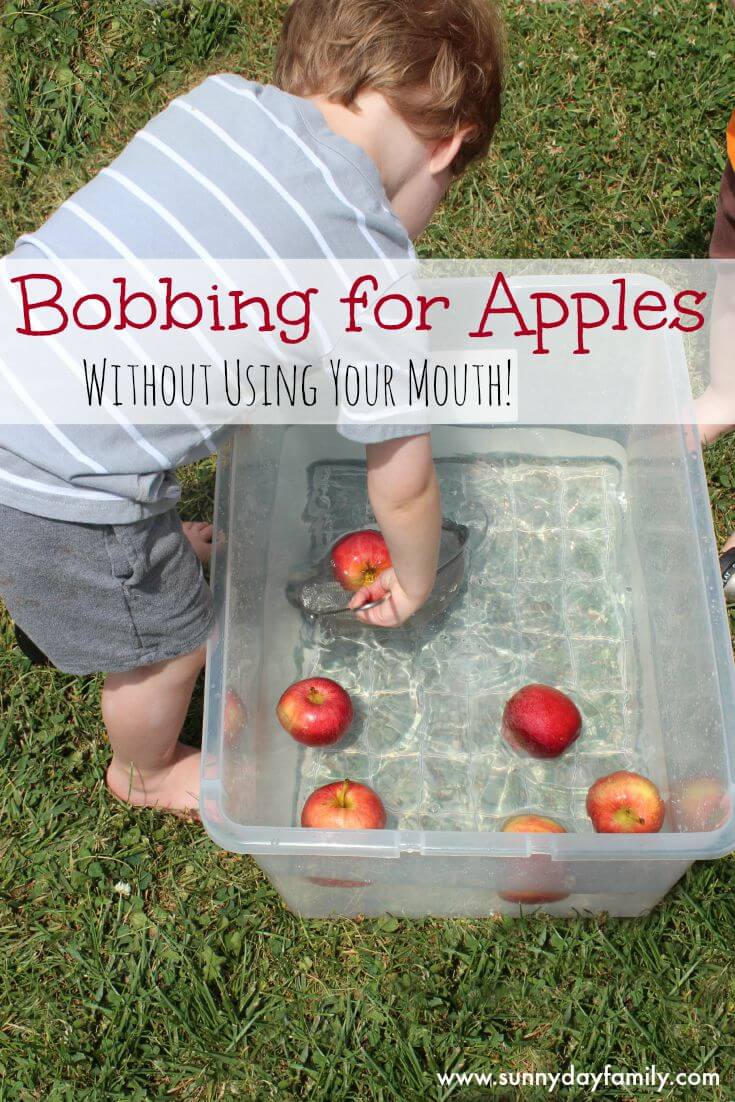 Apple bobbing activity for preschoolers who don't want to put their face in the water - this is a super fun alternative with lots of opportunities for learning!