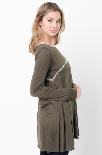 Buy Now Olive Lace Trim Long Sleeve Jersey Top Tunic Online - $34 -@caralase.com