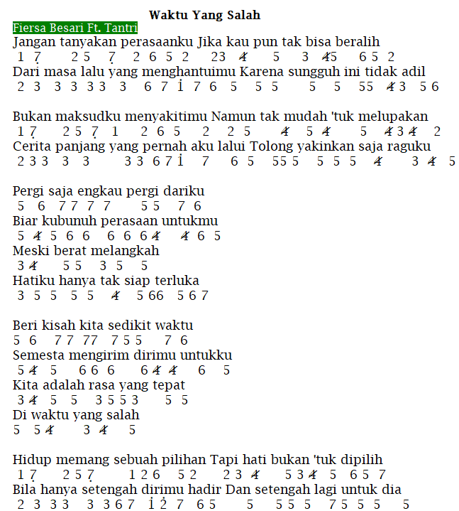 Not Angka Lagu Fiersa Besari Waktu yang Salah Pianika Recorder