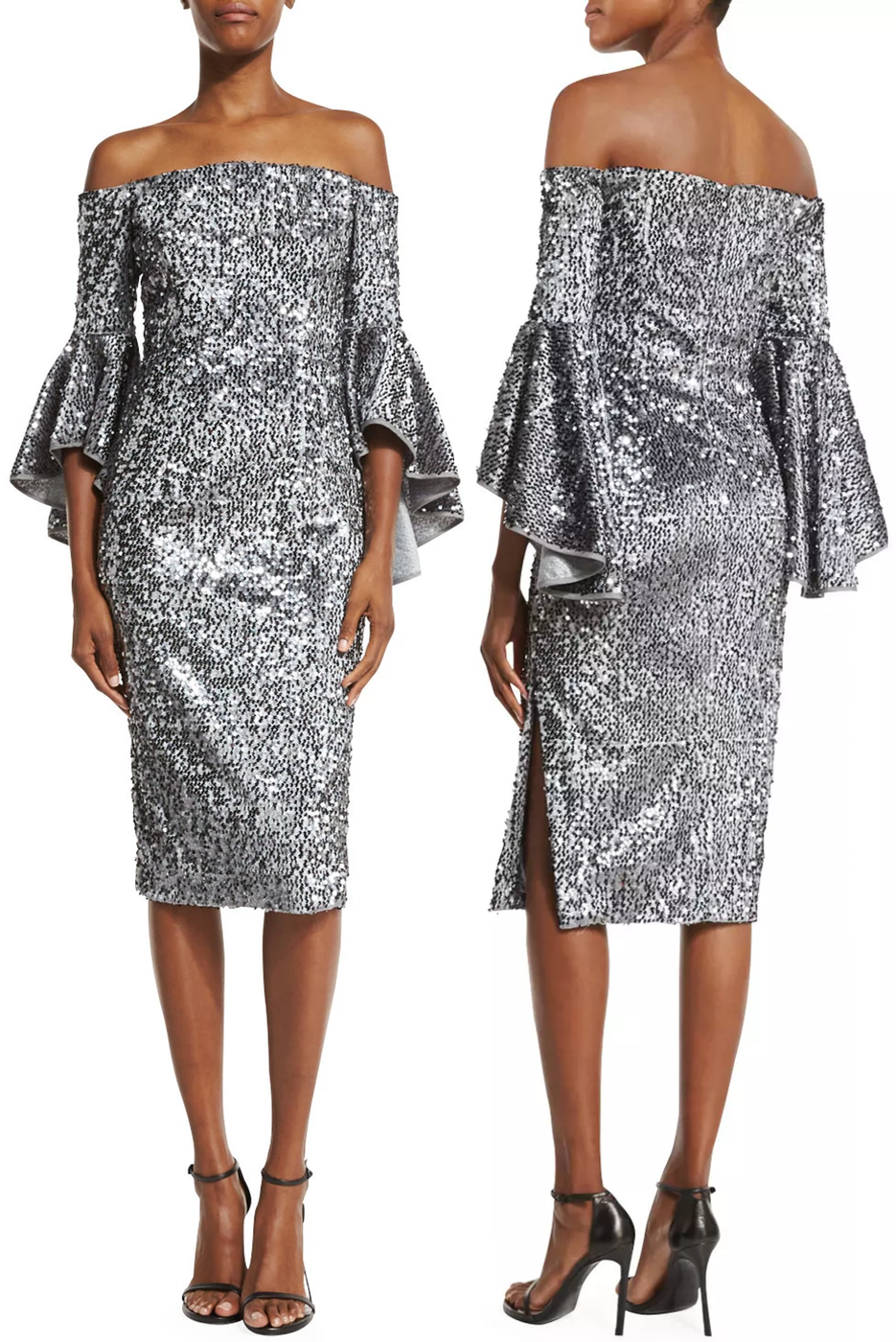 Milly Off-the-Shoulder Sequined Cocktail Dress, Gunmetal