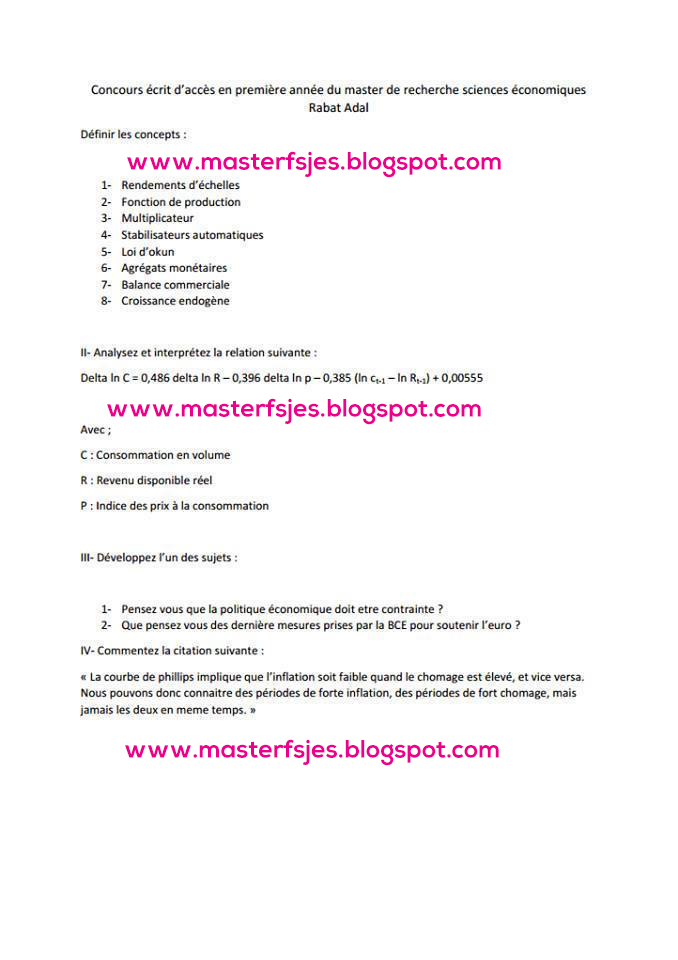 Exemple De Concours Master Sciences Economiques Fsjes Agdal Fsjes Master Concours Et Examens D Acces Au Master Maroc