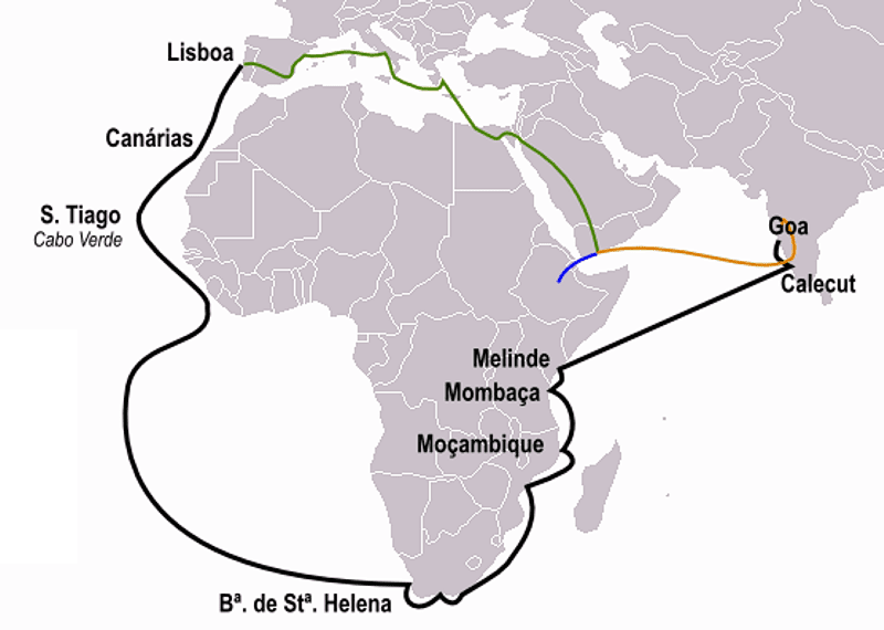 mapa caminho percorrido por Vasco da Gama