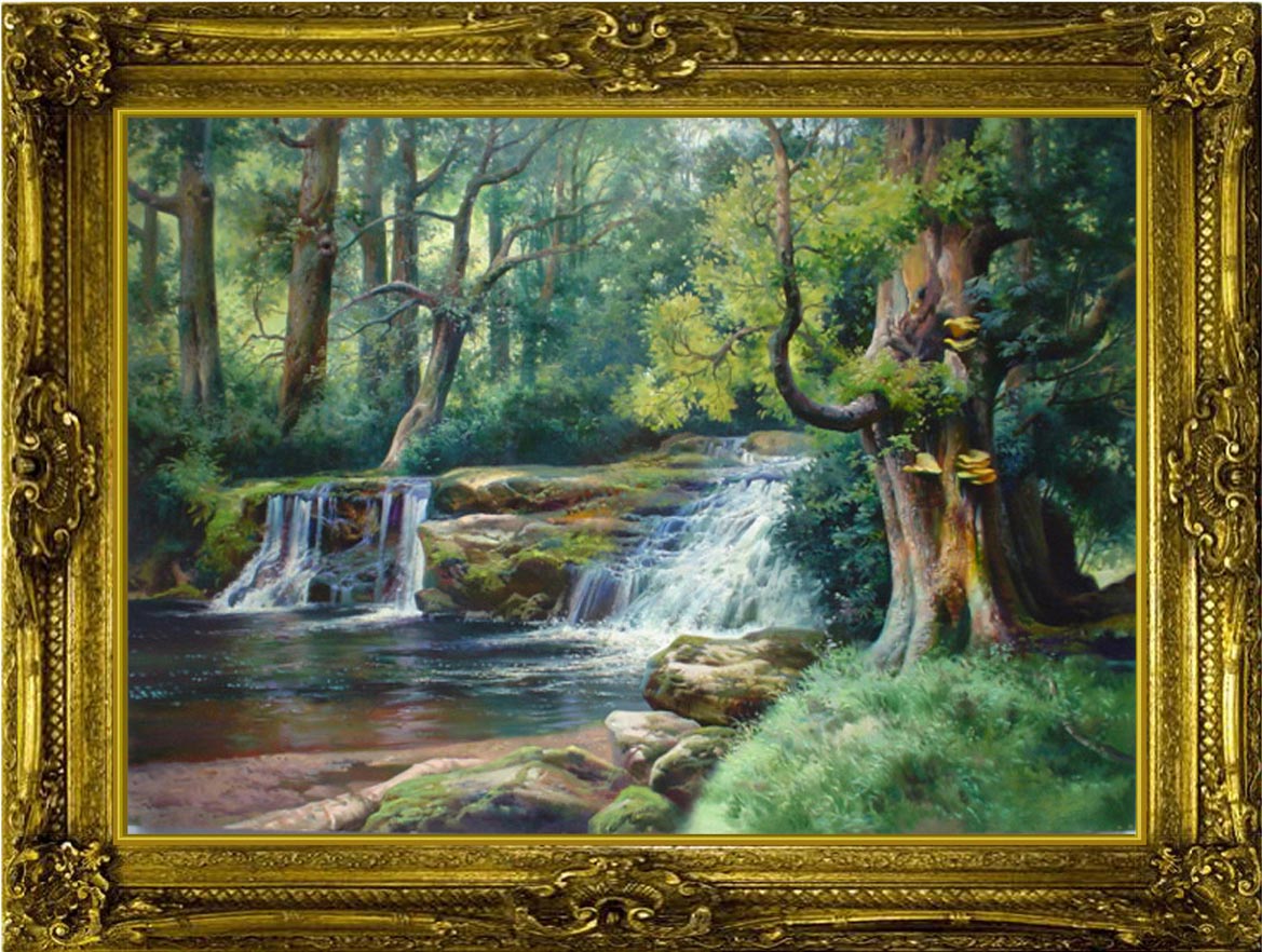 Сайт картин. Картины Лесной водопад. Водопад лес живопись. Водопад в раме живопись. Картина маслом водопад в лесу.