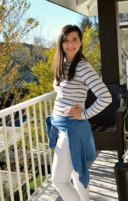 Spring Work Fashion - Chambray top to break up Stripes and White Skinny Jeans