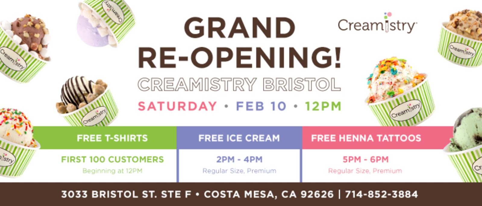 Feb 10 Creamistry Grand ReOpens in Costa Mesa Offers Free Ice Cream