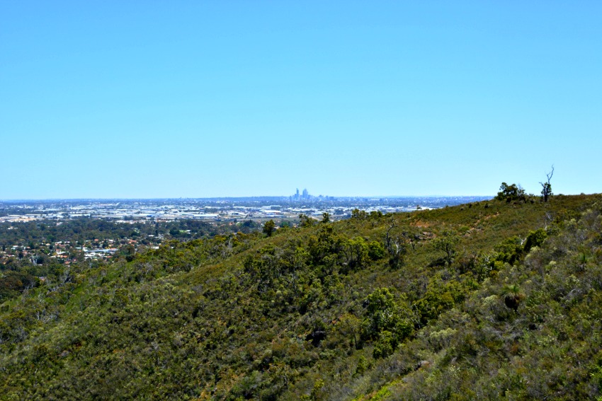 view of Perth city skyline from Lesmurdie Falls