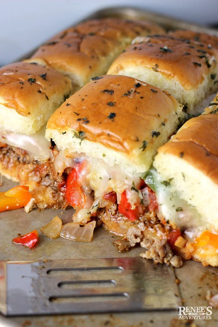 Sausage and Peppers Hawaiian Roll Sliders in pan
