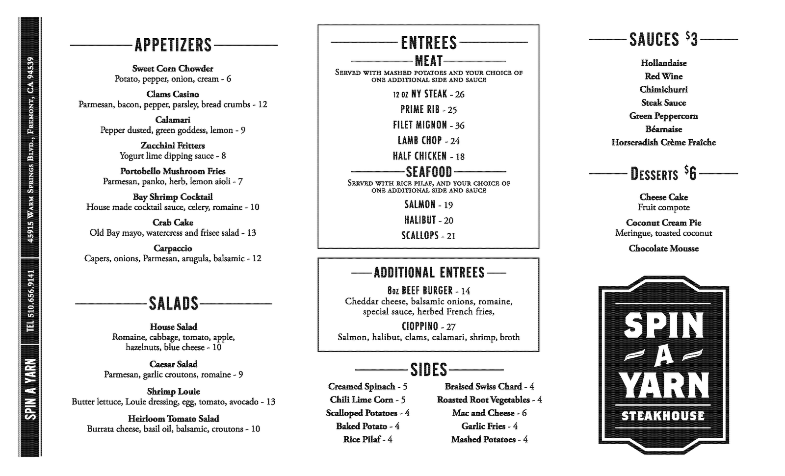 Usen Gandara Art/Design Spin A Yarn logo, menus. Fremont, CA