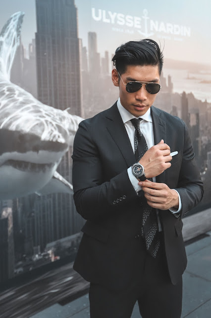 Leo Chan wearing Todd Snyder Business Professional Black Suit, Ulysse Nardin Freak Out Watch | Asian Male Model