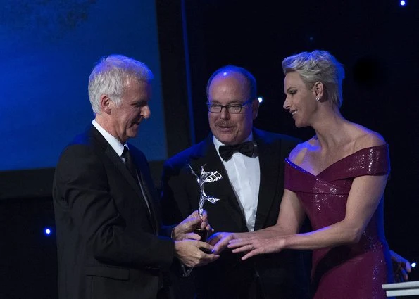 Oscar-winning James Cameron. Charlene wore Ralph Lauren Sequined Dress at 2017 Prince Rainier awards