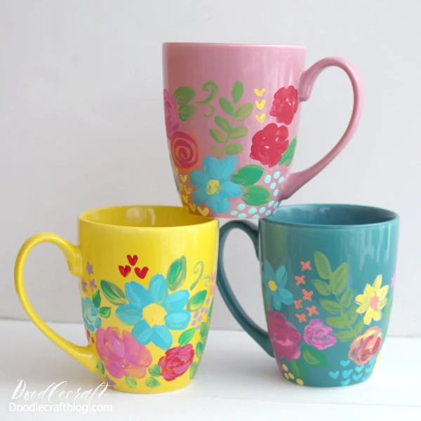 Hand Painted Floral Ceramic Mugs with Plaid Dishwasher Safe Mod Podge