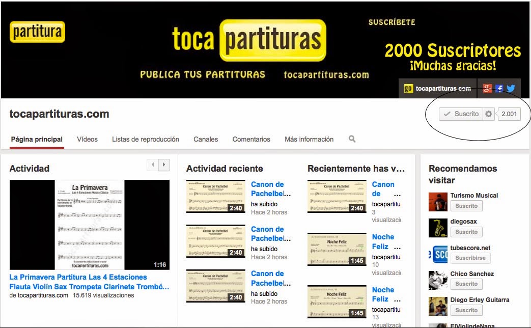 ¡2000 Suscriptores! en el Canal de Partituras Youtube.tocapartituras.com ¡Muchas gracias a todos/as! ¡Suscríbete a nuestro canal!