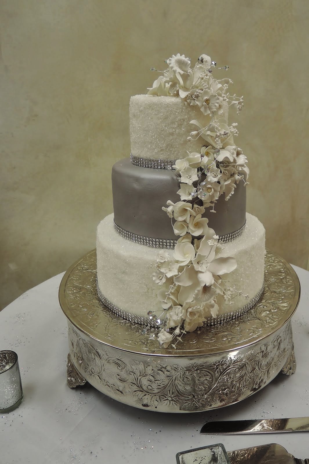 3-tier round fondant with sugar crystals and gumpaste flowers
