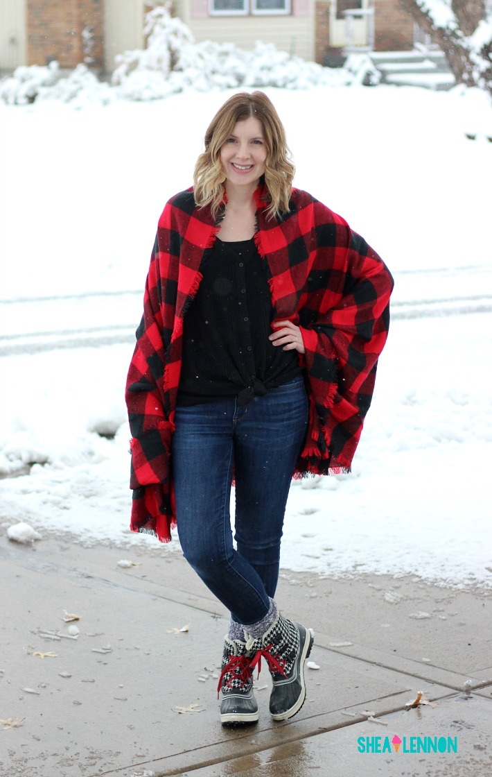 Cozy winter outfit: Plaid wrap and snow boots | shealennon.com