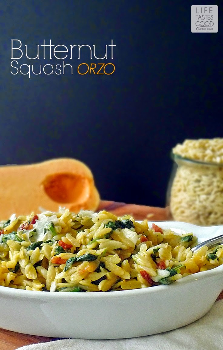 Butternut Squash Orzo Pasta | by Life Tastes Good is an easy-to-make, delicious side dish full of all the healthy goodness that is butternut squash. It's also super versatile! #Fall #SundaySupper