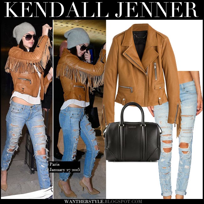 WHAT SHE WORE: Kendall Jenner in tan fringe leather jacket and ...