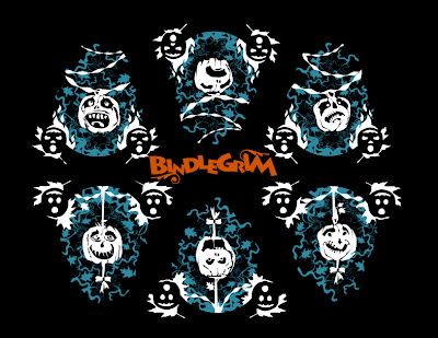 Vintage-style Halloween art designs by Bindlegrim featuring pumpkins, crepe paper streamers, and bows in the color blue